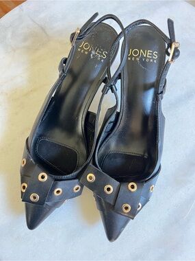 Jones New York Black Pointed-Toe Slingback Heels with Gold Eyelet Bow Detail